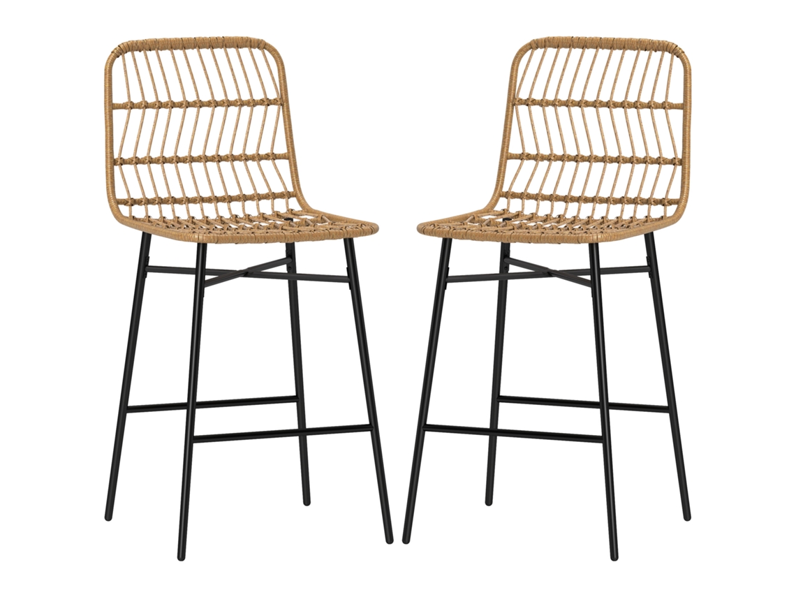 Conjunto De 2 Bancos Altos De Cozinha De Bar Com Encosto E Assento Em Vime Sintético 43x56x101 Cm Marrom Claro