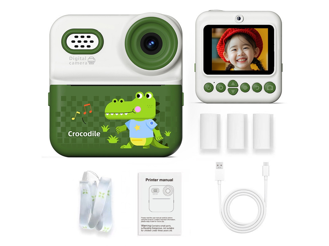 Câmara De Impressão Instantânea Para Crianças Com Dupla Câmara Hd, Imprime Cor Única Com 4 Rolos De Papel 64gb Crocodilo