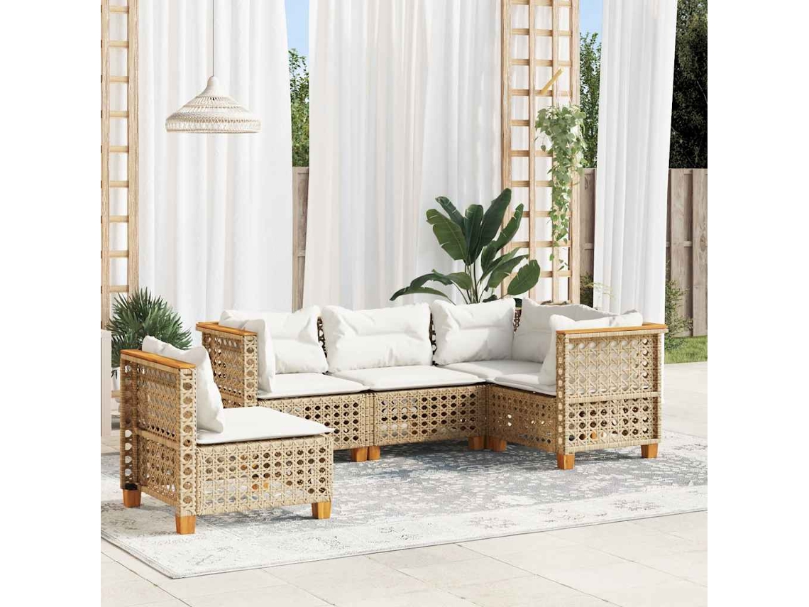 Vidaxl 5 Pcs Conjunto De Sofás P/ Jardim Com Almofadões Vime Pe Bege
