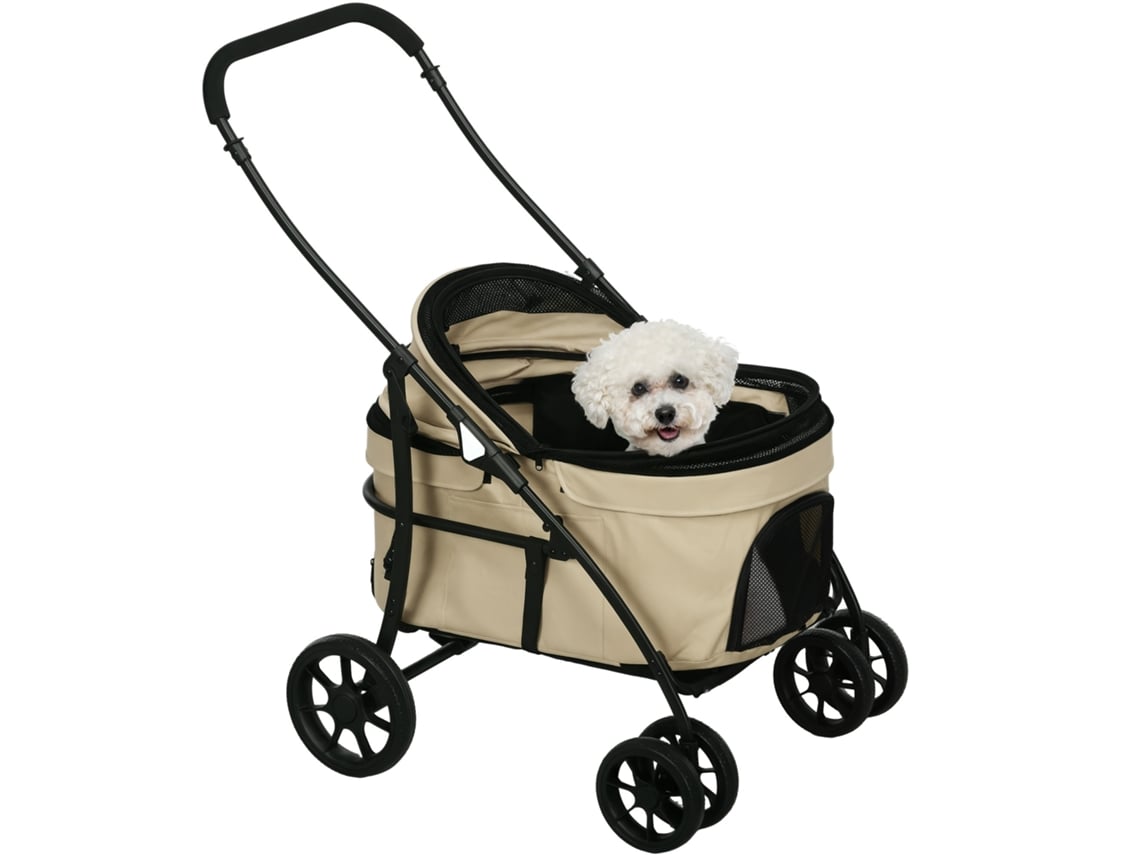 Carrinho Dobrável para Cães com 2 Cintos de Segurança, Almofada e Estrutura de Aço, Cor Cáqui. NOVAVEST COM
