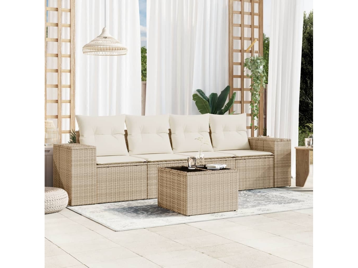 Vidaxl 5 Pcs Conjunto De Sofás P/ Jardim Com Almofadões Vime Pe Bege