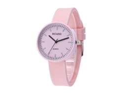Relógio analógico infantil com pulseira de silicone e movimento de quartzo rosa.