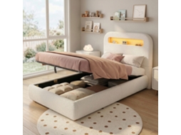 Cama Box Casal, Cama Infantil 90x200cm, Cama Hidráulica Com Estrado, Cabeceira E Amplo Compartimento, Luzes De Led, Pés Maciços, Branco, Bouclé