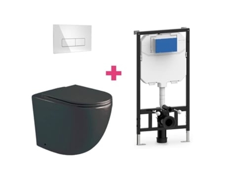 Conjunto de vaso sanitário suspenso de cerâmica Genova preto fosco Aquore com cisterna retangular cromada e botão de descarga