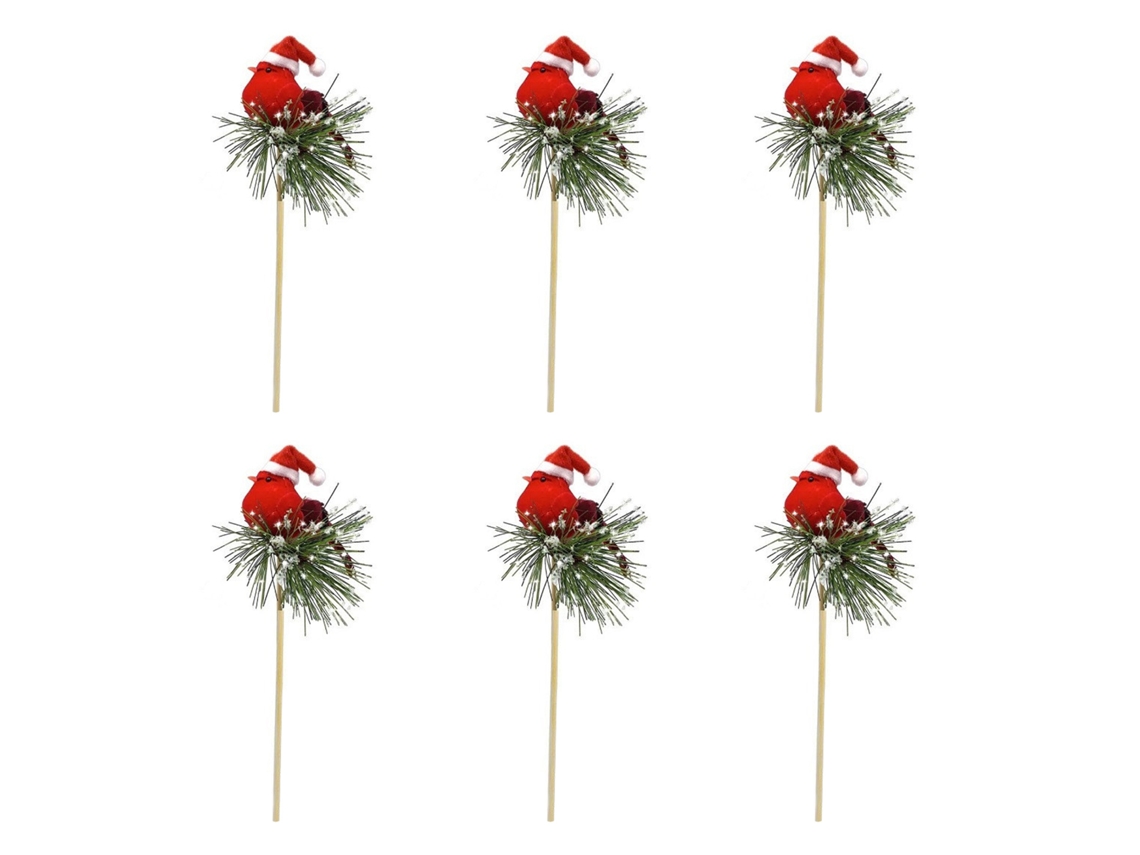 Conjunto de 6 Gorros de Natal Vermelhos com Pássaros Artificiais para Decoração de Jardim LAXISCREED