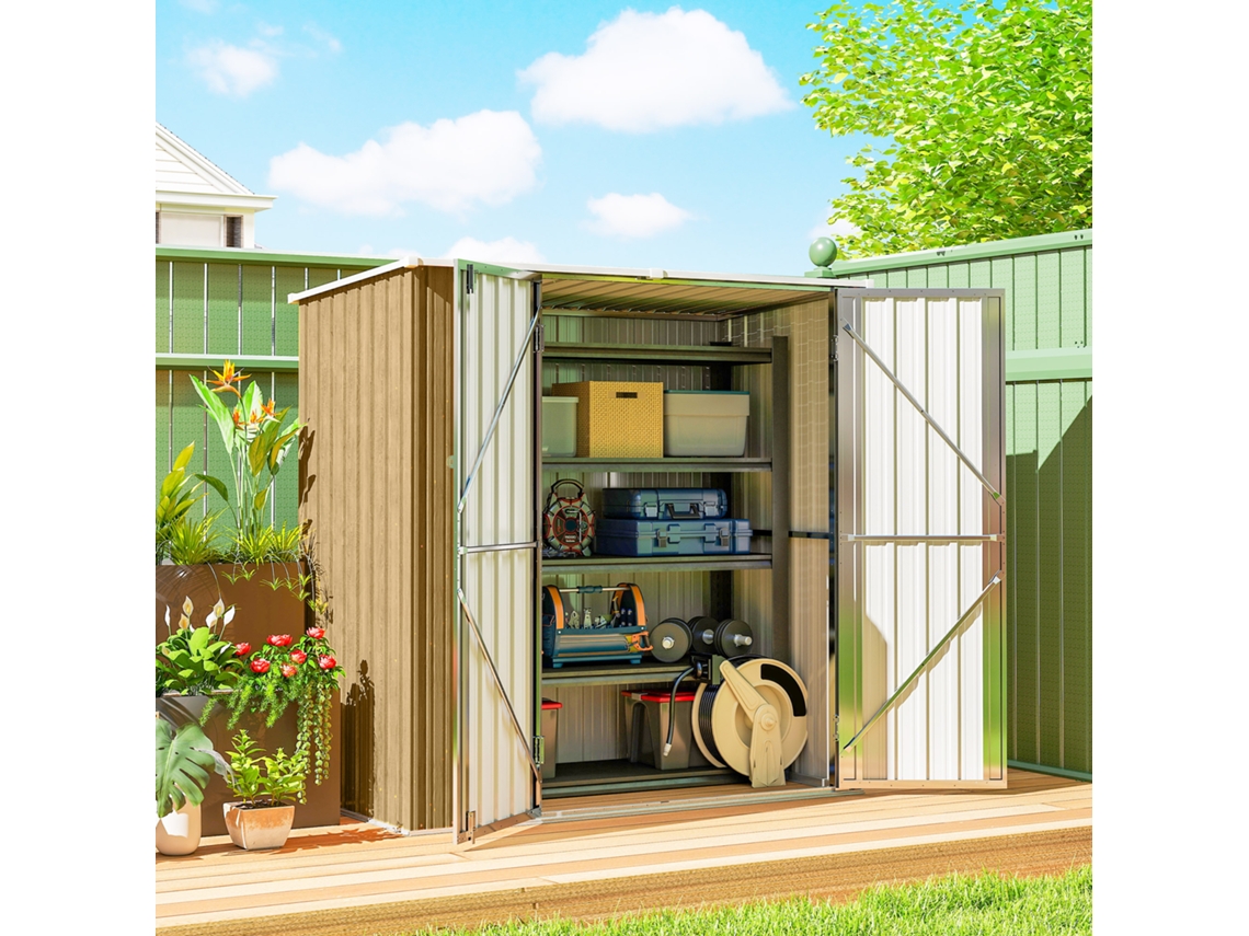 Abrigo Metálico Para Jardim 1,37 M², 163x89x163 Cm, Telhado Inclinado, Portas Com Fecho E Luvas Na Cor Castanho