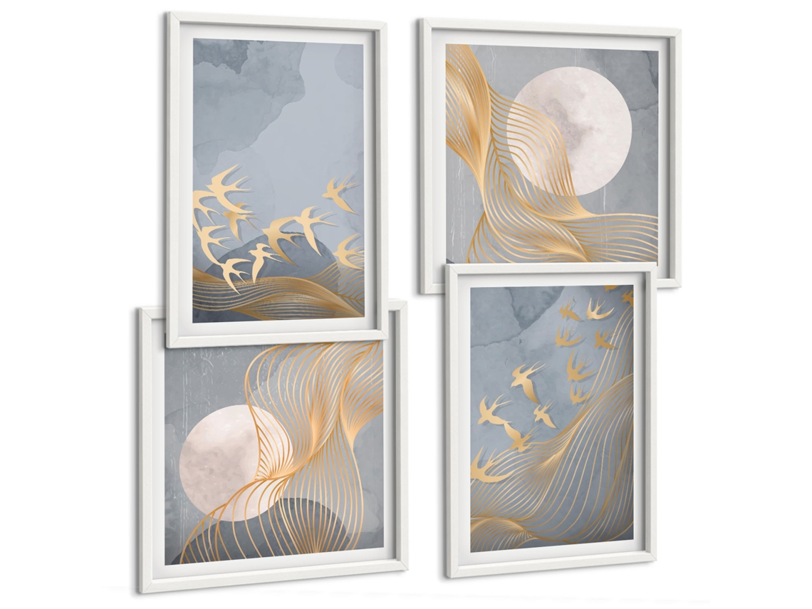 Composição De Quadros Na Parede Pássaros Voando No Céu Moldura Branca Quadros Para A Sala De Estar Espelharte (conjunto De 4 Imagens)