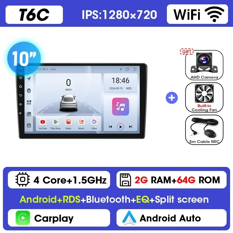 (10 Polegadas T6c) Sistema Multimídia Automotivo De 9 A 10 Polegadas, Compatível Com Android Carplay.