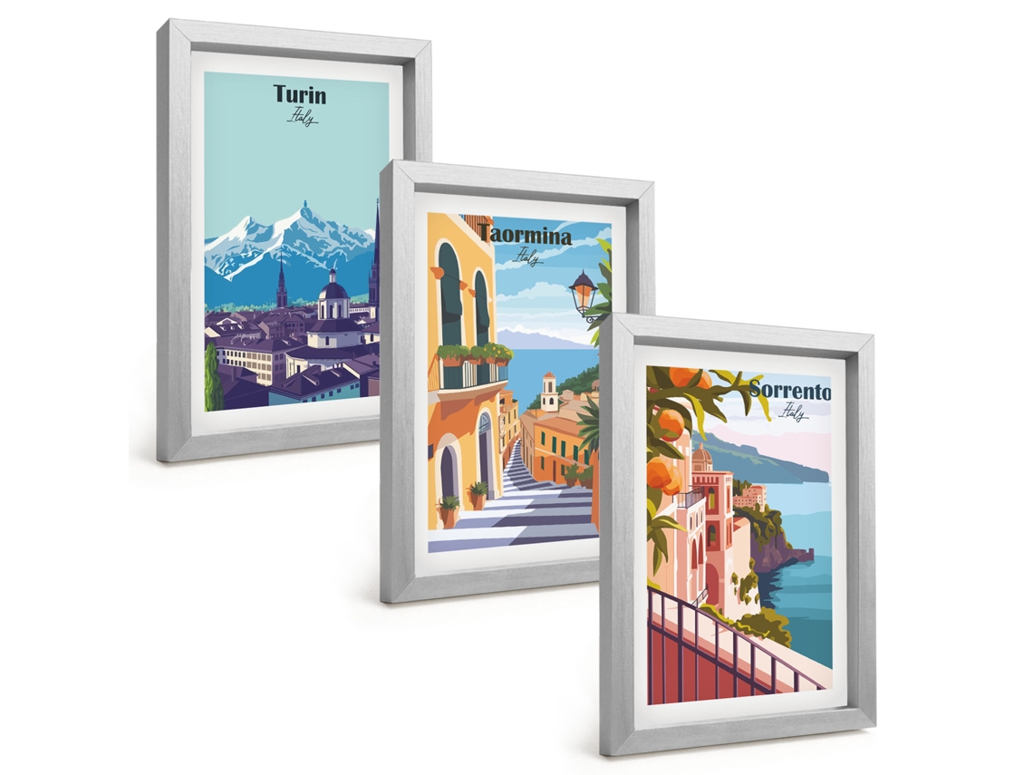 Composição De Quadros Na Paredevistas Coloridas De Cidades Retrô Moldura Prateada Quadros Para A Sala De Estar Espelharte (3 Peças 20x30 Cm)
