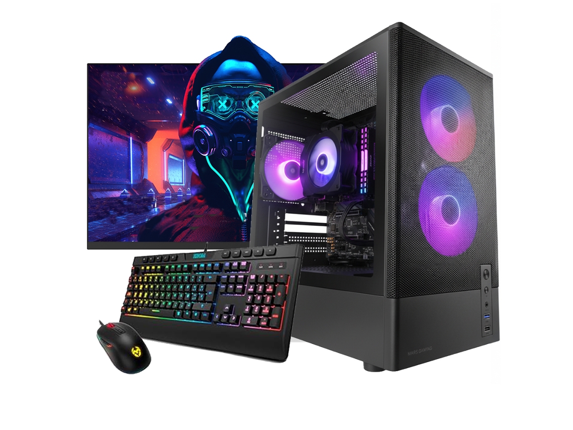 Computador gamer Onyx com processador Intel i5 14400f, 32 GB de RAM DDR4, SSD de 1 TB, placa de vídeo RTX 5050, monitor Full HD de 27 polegadas e Windows 11.