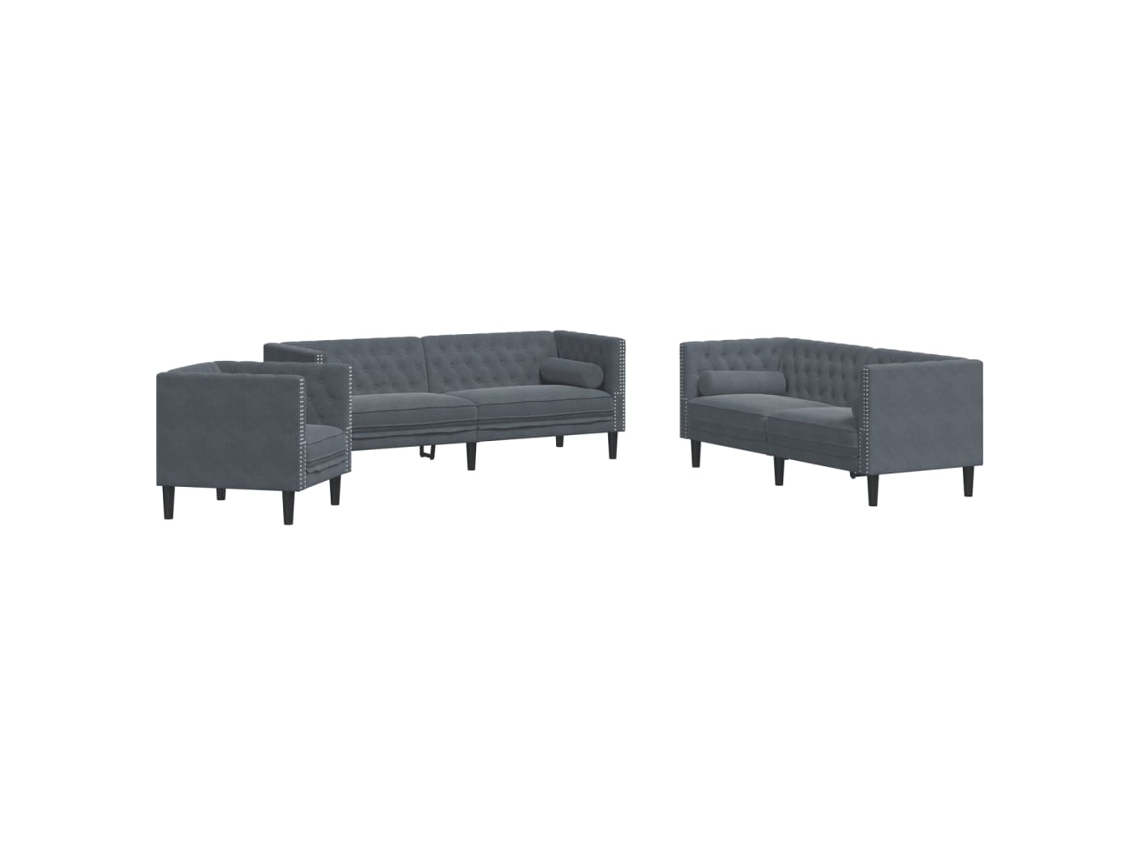 Conjunto de Sofás MAISON EXCLUSIVE 3 Pcs Chesterfield com Rolos em Veludo Cinza escuro