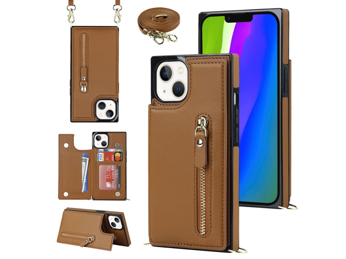 Capa Bloqueio Rfid Pega Para Iphone 15 Pele Sintética Castanho