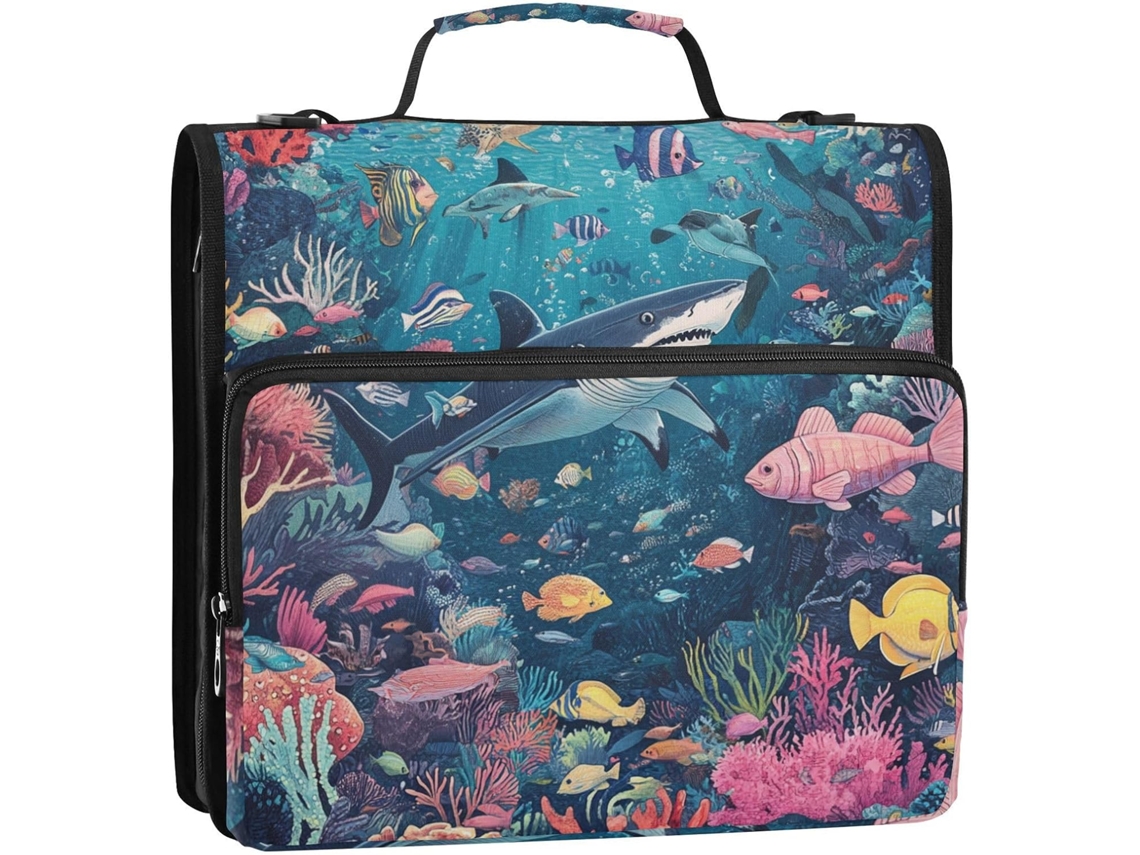 Saco Organizador com 3 Argolas e Alça Ilustração de Peixes Tema Oceânico 3,8 Cm Adequado para o Ensino Funda