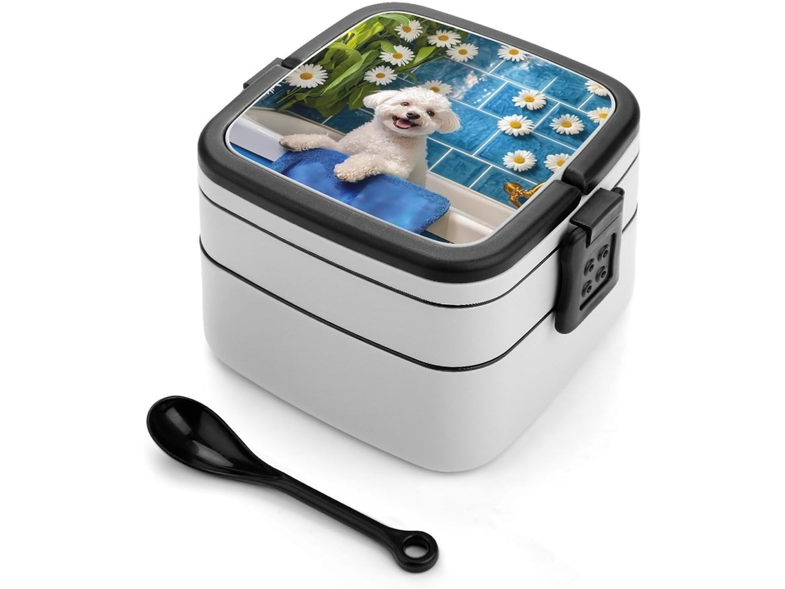 Lancheira Bento Fofa Com Estampa De Bichon Frisé, 2 Compartimentos, Inclui Colheres E É Ideal Para Preparar Refeições