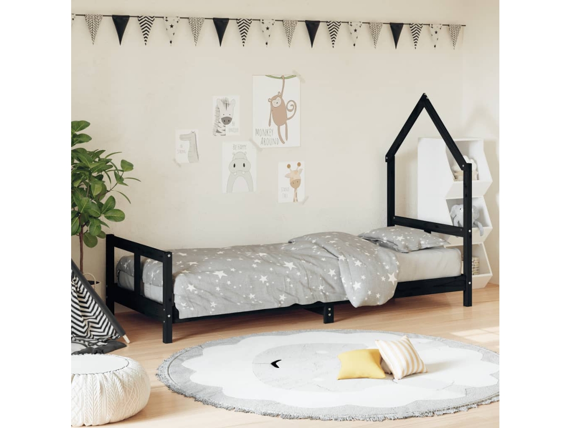 Vidaxl Estrutura De Cama Infantil 80x200 Cm Pinho Maciço Preto