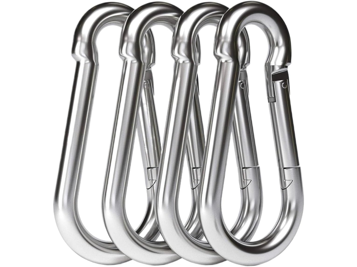 Conjunto de 6 mosquetões em aço inoxidável 304 com sistema Mola e gancho.