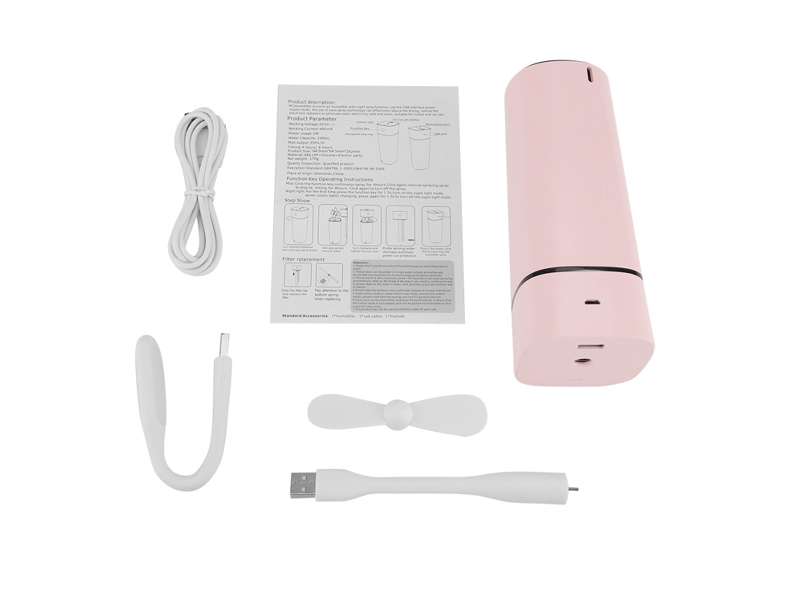 Umidificador ultrassônico multifuncional recarregável por USB com luz noturna, difusor e mini ventilador, rosa