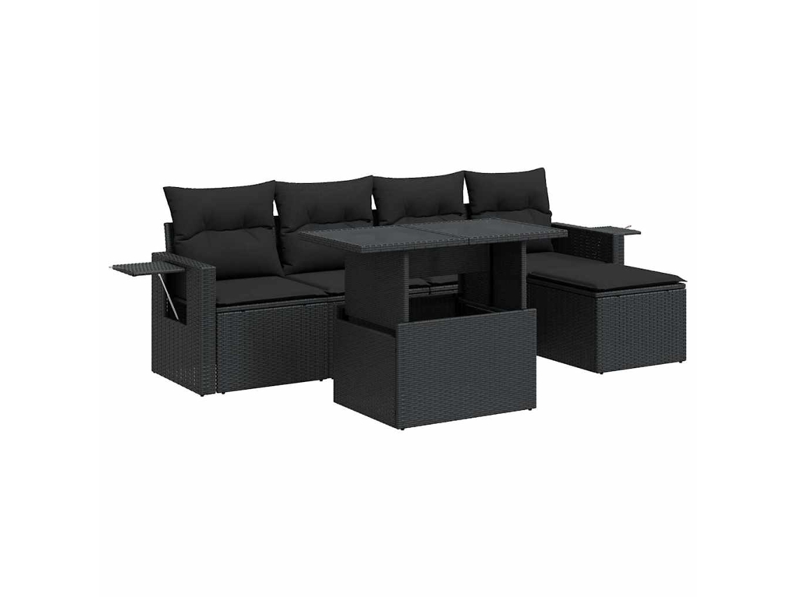 Conjunto Sofás de Jardim 6 Pcs com Almofadões Vime Pe Preto MAISON EXCLUSIVE (6 pcs)
