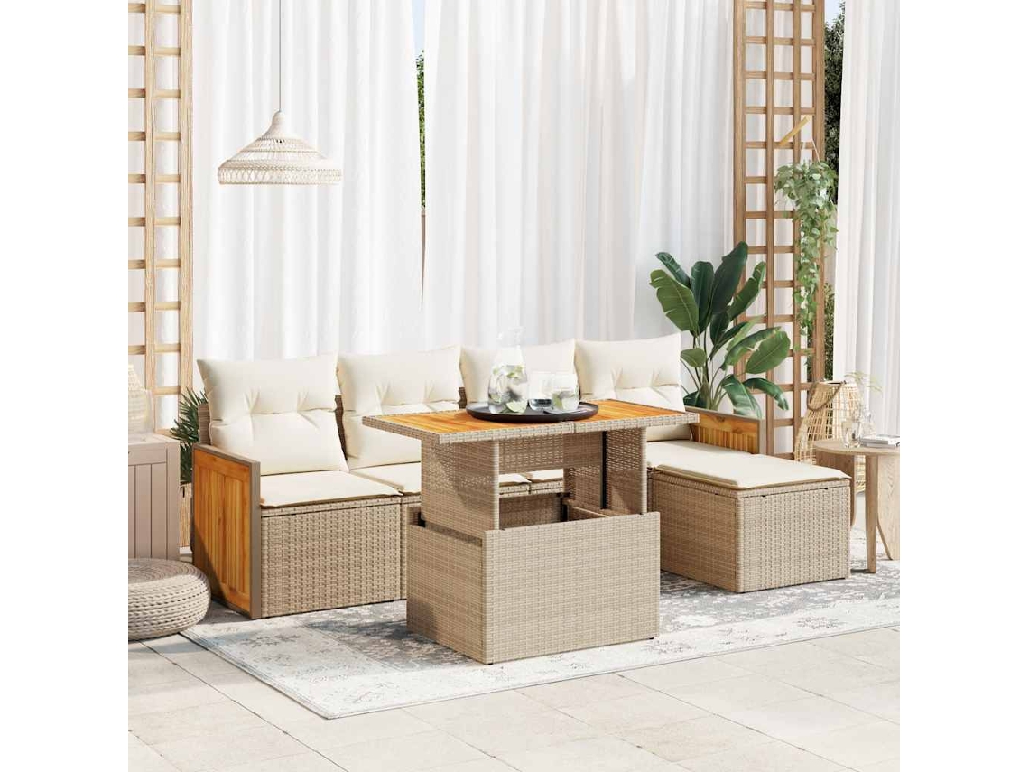 Vidaxl 6 Pcs Conjunto Sofás Jardim Com Almofadões Vime Pe/acácia Bege