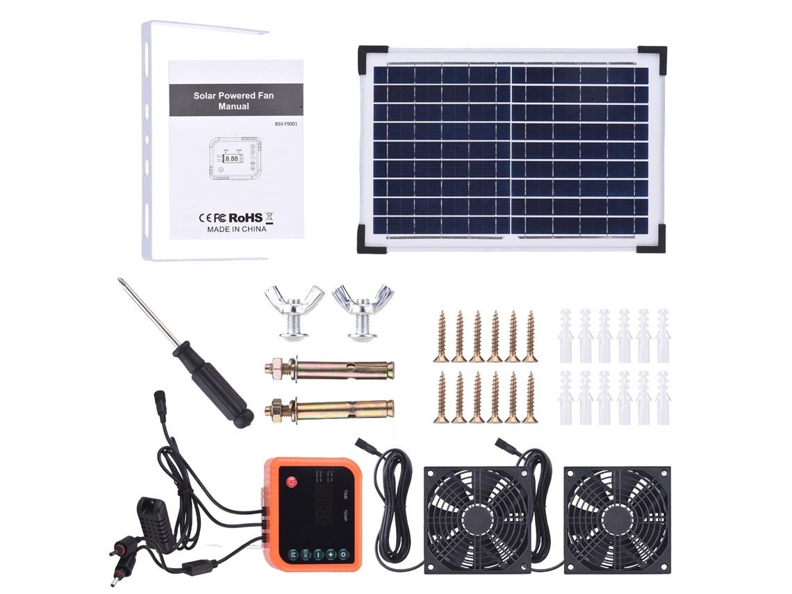 Exaustor para casa de animais de estimação alimentado por energia solar (conjunto de dois ventiladores, recarregável)