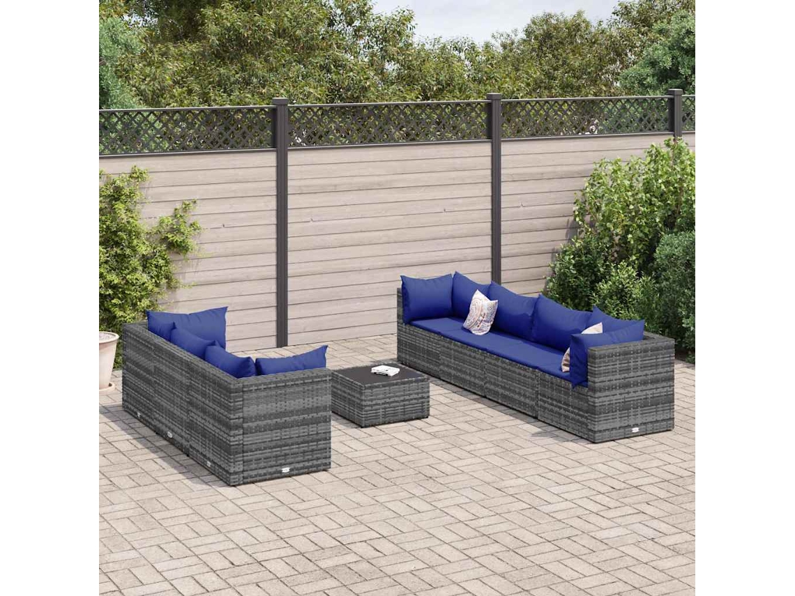 8 Pcs Conjunto Lounge De Jardim C/ Almofadões Vime Pe Cinzento Dkd Home Decor