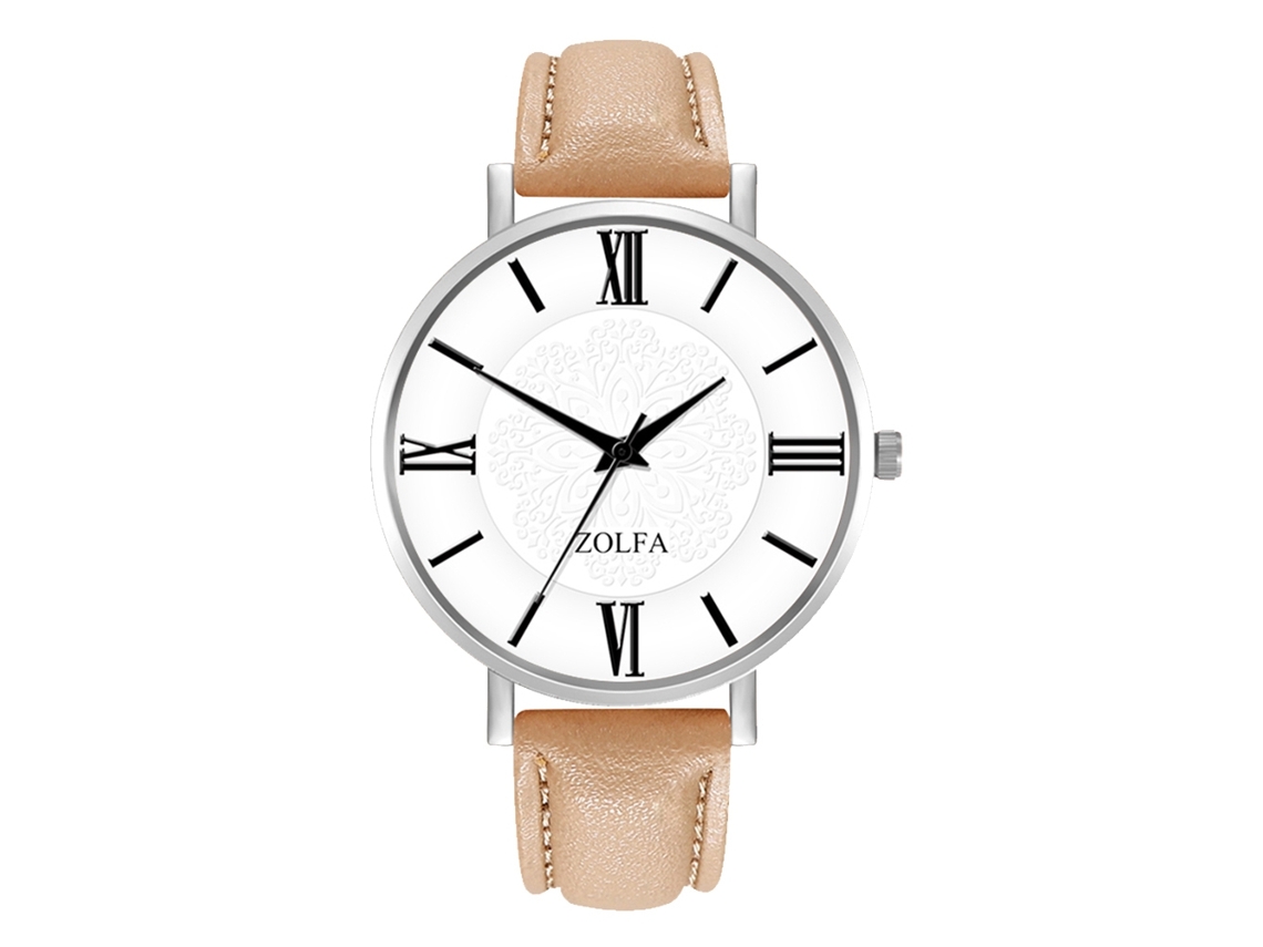 Relógio de Quartzo com Pulseira de Couro Pu Estilo Minimalista Números Romanos Bege para Dama