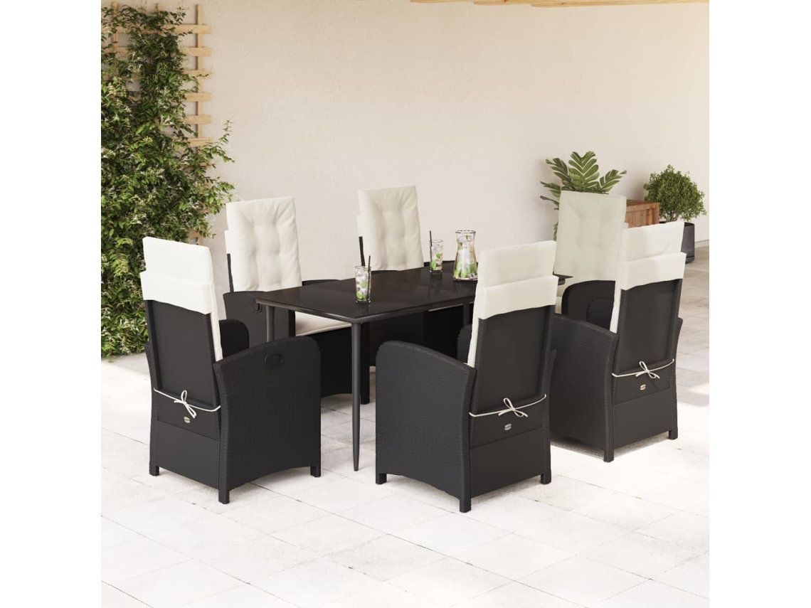 Vidaxl 7 Pcs Conjunto De Jantar P/ Jardim C/ Almofadões Vime Pe Preto