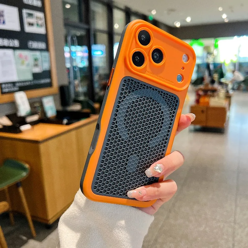 Capa Protetora Magsafe (laranja Para Iphone 14 Pro Max) Com Tela De Dissipação De Calor E Revestimento Rígido Respirável.
