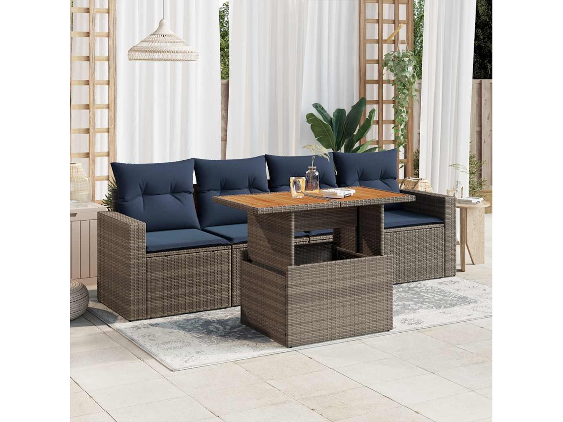 Vidaxl 5 Pcs Conjunto Sofás de Jardim C/ Almofadões Vime Pe Cinzento