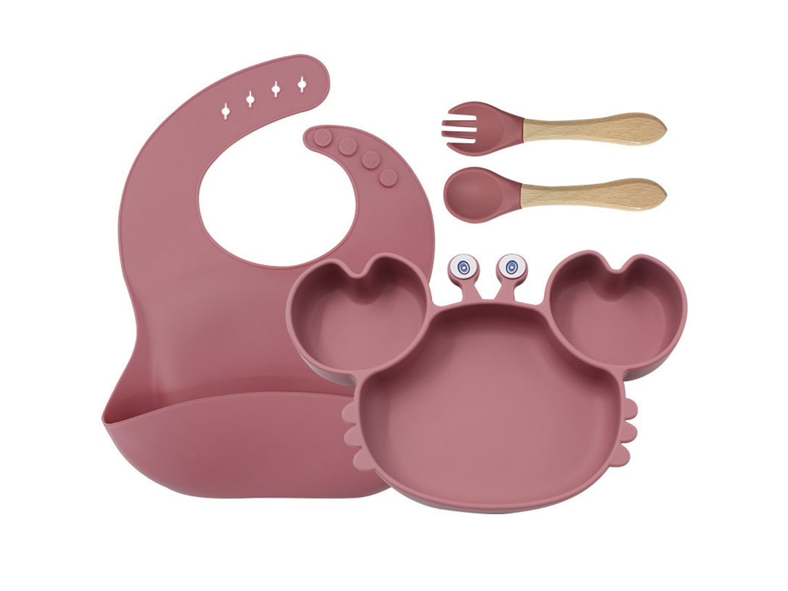 Conjunto 4 Peças Louça De Bebé Em Silicone Rosa Escuro: Prato Caranguejo, Babete E Talheres, Antiaderente, Bpa-free Para Blw