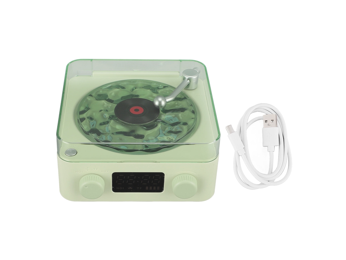 Caixa De Som Bluetooth Estilo Tocador De Vinil Com Luz Noturna E Display De Hora 3 Em 1 Verde