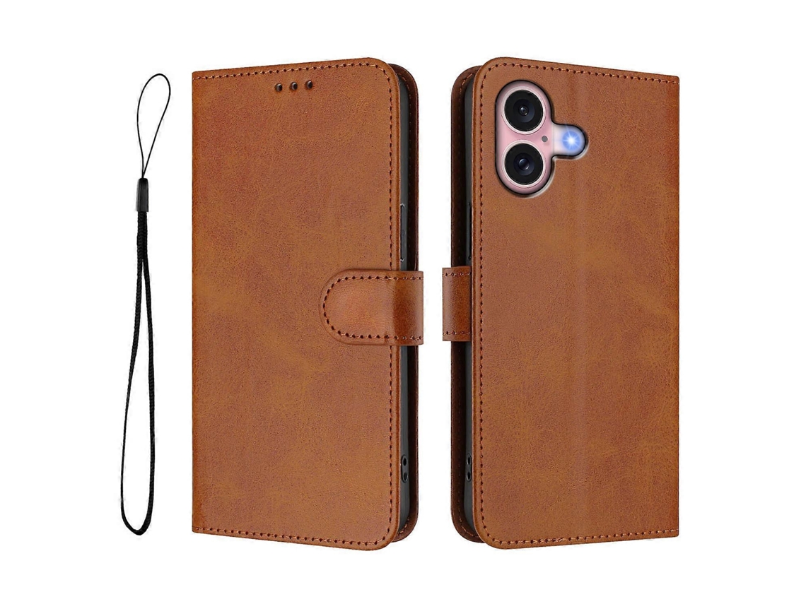 Capa Tipo Carteira Para Iphone 16 Com Bloqueio Rfid E Textura De Couro De Bezerro, Com Suporte E Alça, Marrom
