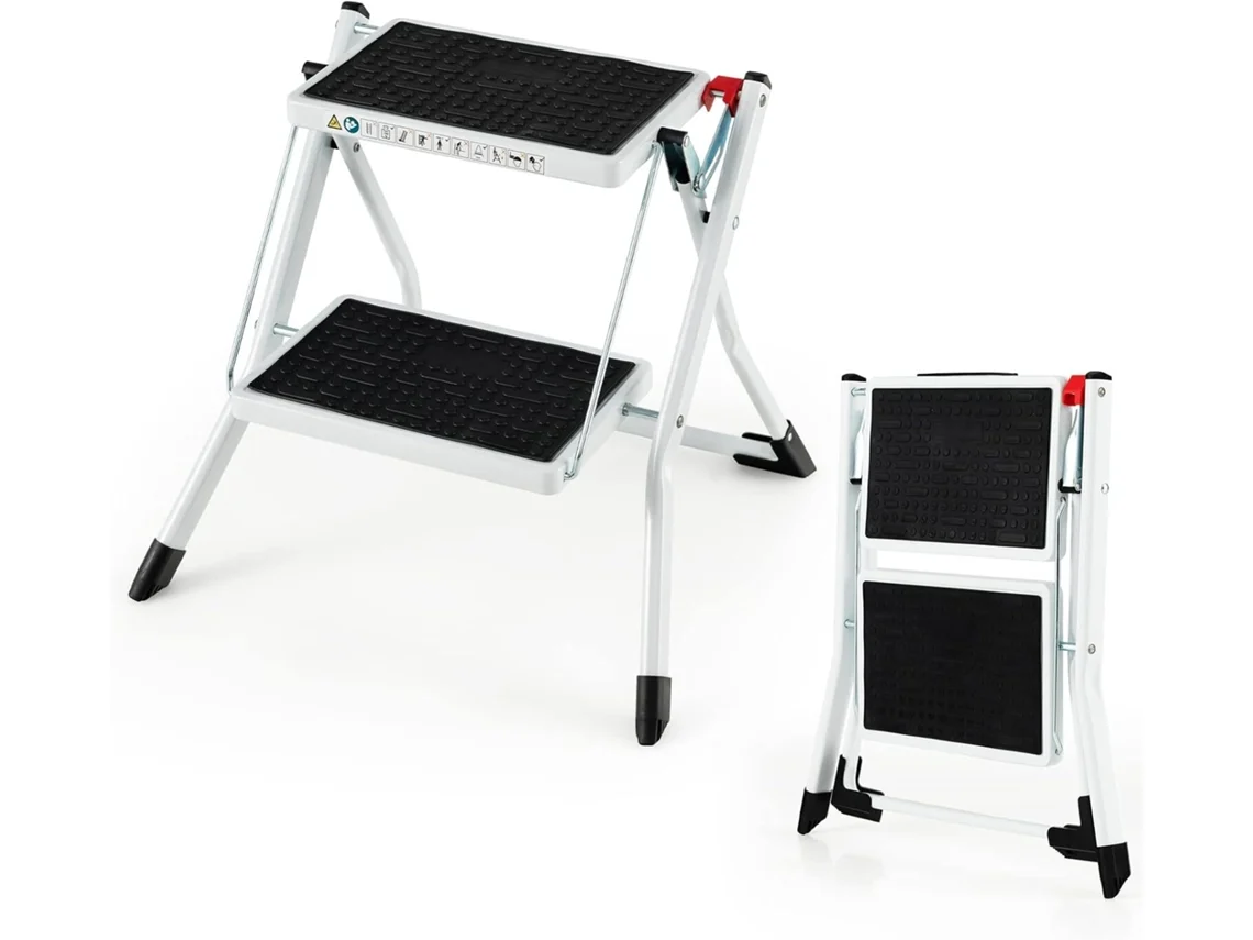 Escada de dois degraus, banquinho dobrável de metal resistente, pedal antiderrapante e apoio para os pés grande, escada portátil Costway