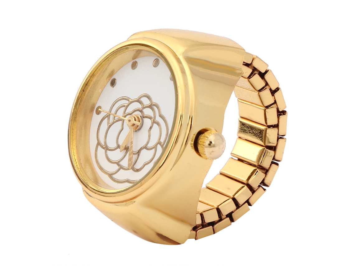 Relógio Anel Feminino Quartzo Mostrador Redondo Padrão Flor de Rosa Dourado