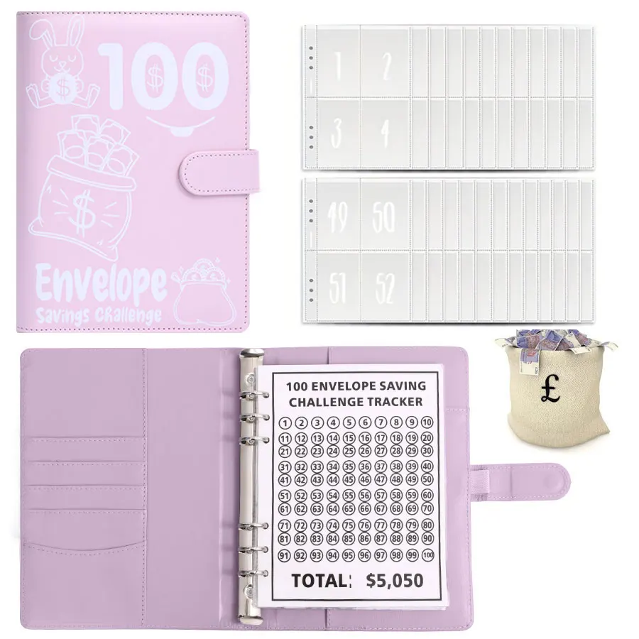 (Conjunto rosa, A5) Organizador de orçamento e poupança com envelopes para dinheiro - Modelo de envelopes de desafio em folhas soltas