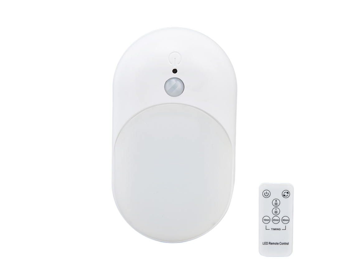 Luz noturna com sensor infravermelho, controle remoto LED, 7 teclas, rotação de 90 graus, iluminação suave e temporizador.