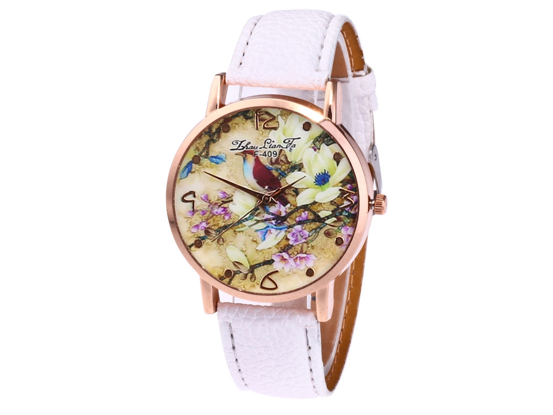 Relógio de pulso Zhoulianfa Quartz com pulseira de PU, estampa de flores e pássaros (branco)