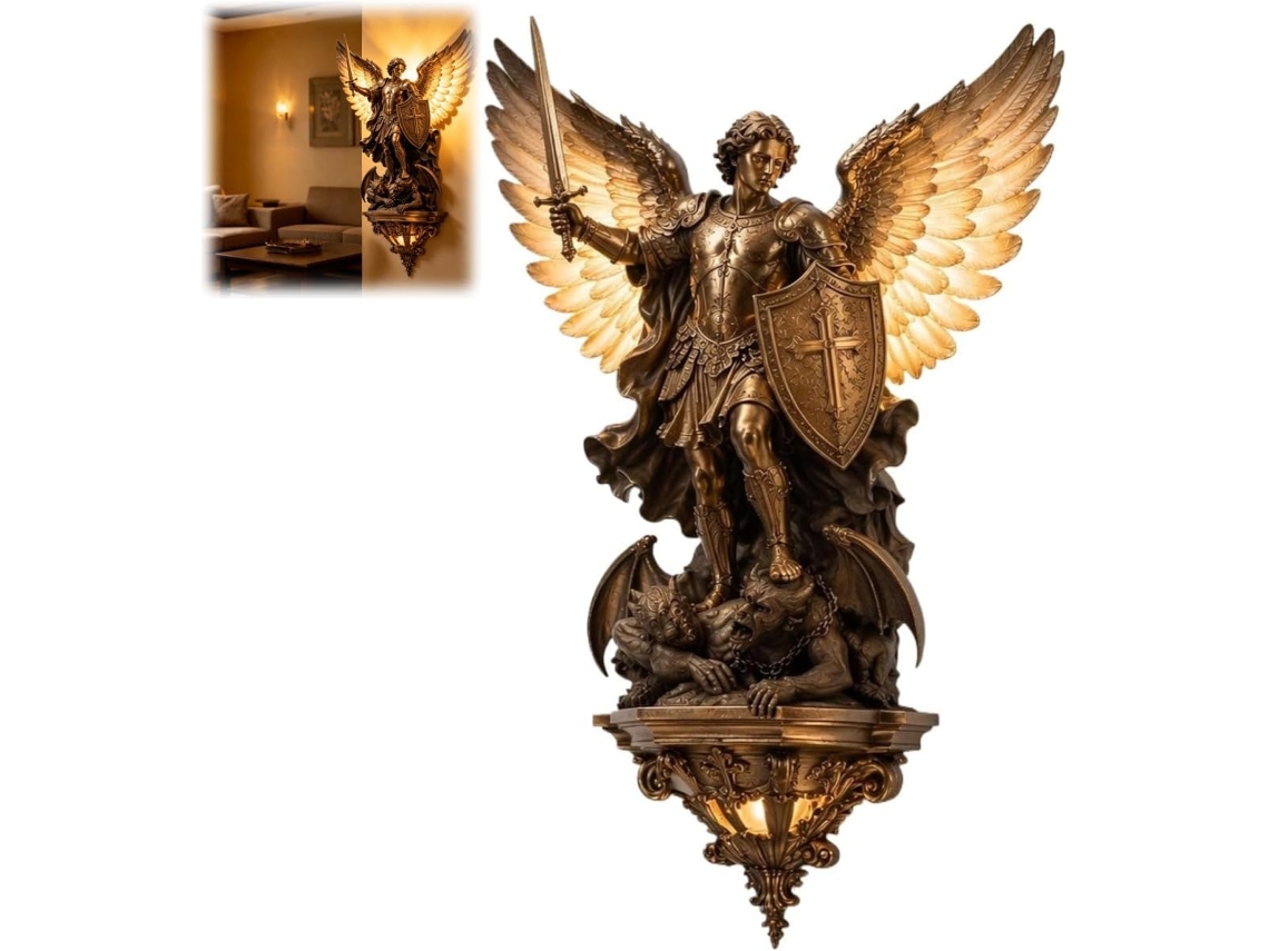 Aplique De Parede Do Arcanjo Miguel, Luminária De Parede Medieval Gótica Em Led Com Anjo Da Guarda, Luminária De Parede