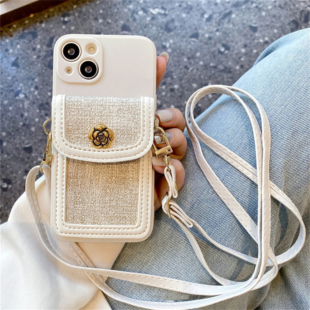 (iphone 12 Mini Branco) Porta-cartões De Luxo Em Couro Genuíno Com Estampa De Camélia 3d, Alça Transversal E Capa Macia.