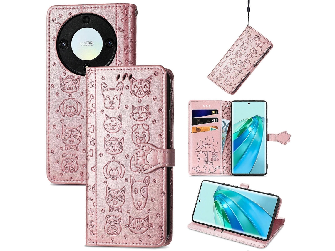 Capa De Celular For Honor Magic5 Lite Em Couro Com Estampa De Gato E Cachorro