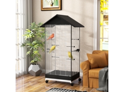 Gaiola Para Pássaros Metálica Com C/rodas Bandeja Amovível 4 Portas 2 Comedouros E 8 Poleiros 79x65x155 Cm Preto