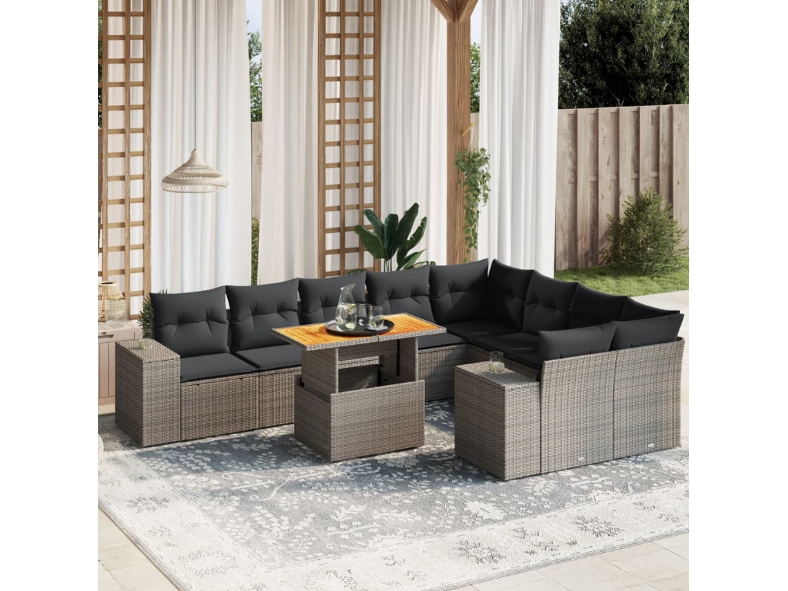 Vidaxl 10 Pcs Conjunto Sofás De Jardim C/ Almofadões Vime Pe Cinzento