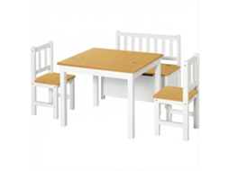 Conjunto Infantil De Mesa E Cadeiras 4 Peças, Mesa Com 2 Cadeiras E Banco Com Arrumação, A Partir Dos 3 Anos, Branco E Natural
