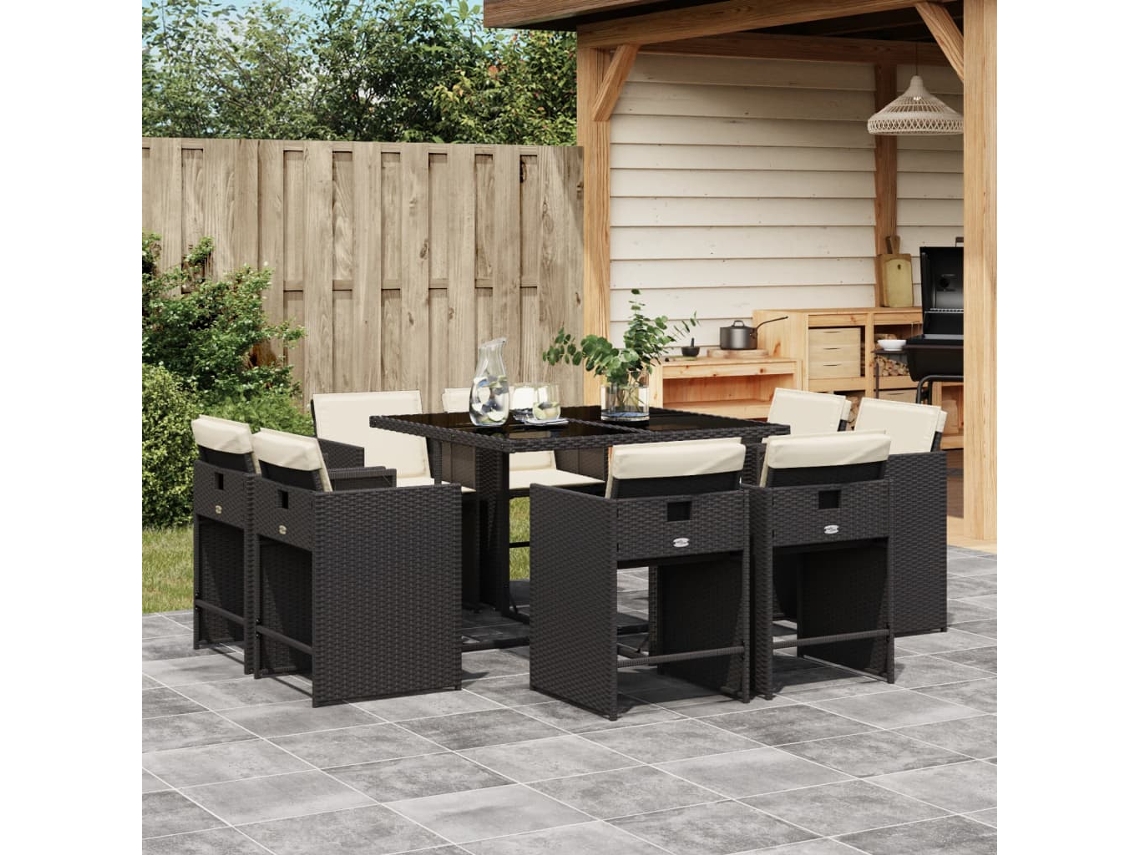 Vidaxl 9 Pcs Conjunto De Jantar P/ Jardim C/ Almofadões Vime Pe Preto