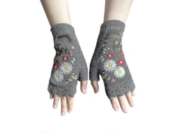 2026 luvas de Lã Feitas À Mão Cinza para Mulheres, Inverno Outono, Crochê Retrô, com Bolso, Tecidos de Algodão Misto
