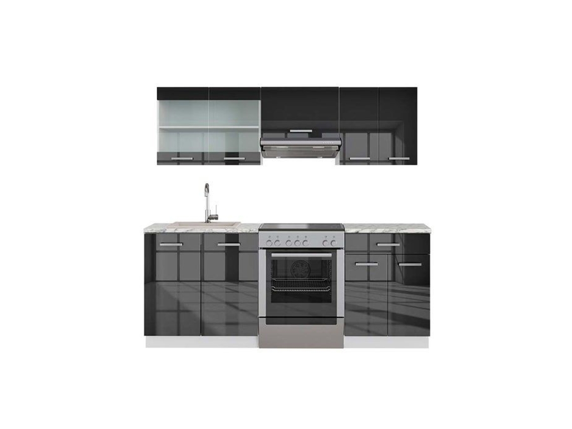 Cozinha Fame-Line, 200 cm, Mármore PT, Antracite brilhante/branco, Vicco