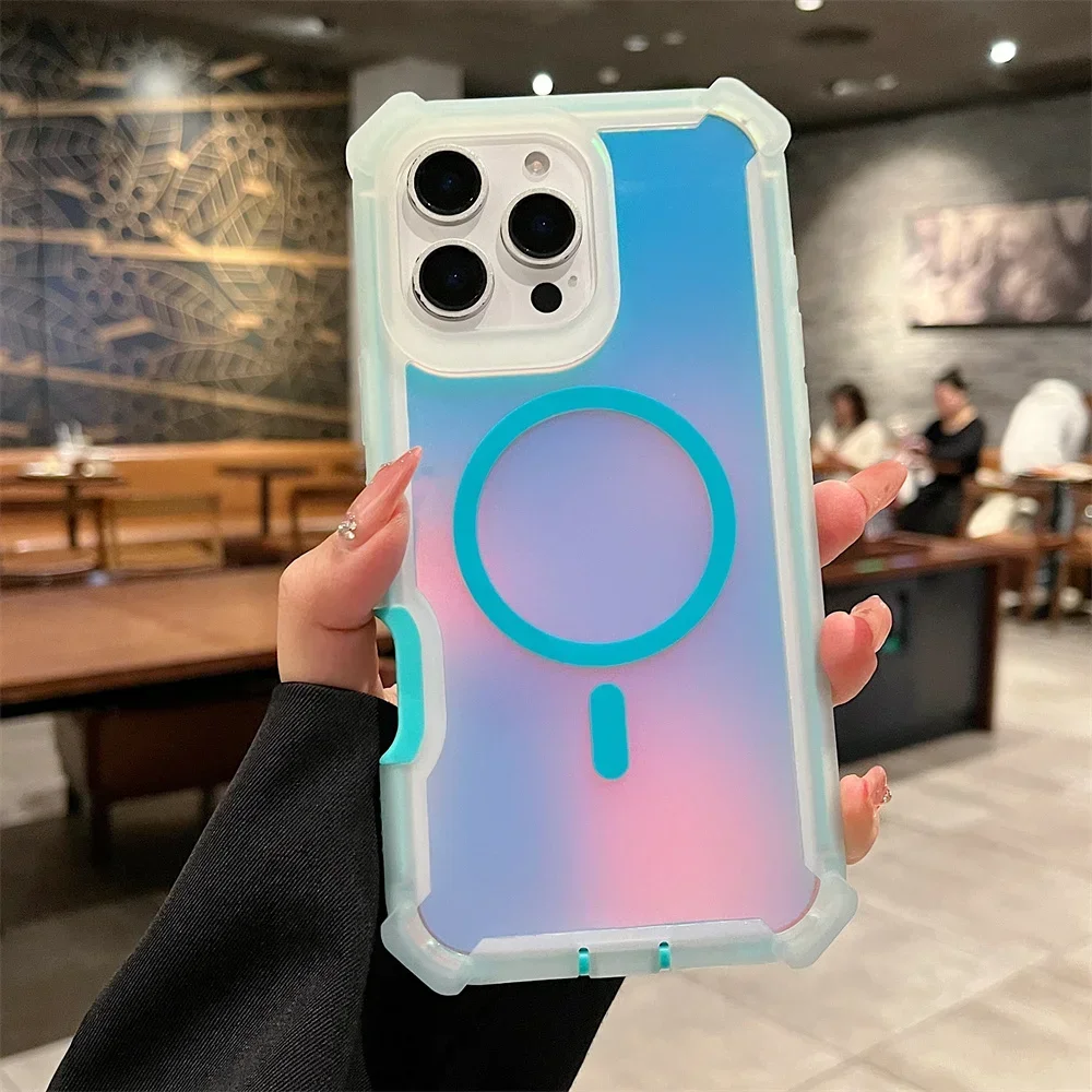 Capa Magnética Para Iphone 13 Pro (azul-esverdeada), Com Efeito Degradê A Laser, À Prova De Choque.