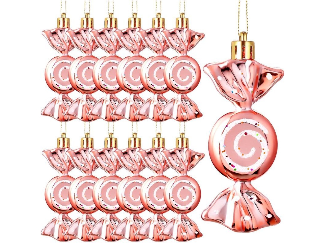 12 Adornos De Natal Em Forma De Bala De Gengibre Com Glitter E Cordas Douradas (ouro Rosa)