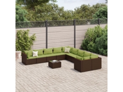 Vidaxl 11 Pcs Conjunto Sofás De Jardim C/ Almofadões Vime Pe Castanho