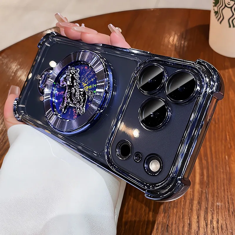 Capa Transparente Eletroplaqueada Magnética Para Iphone 14 Pro (azul) Com Suporte E Airbag.